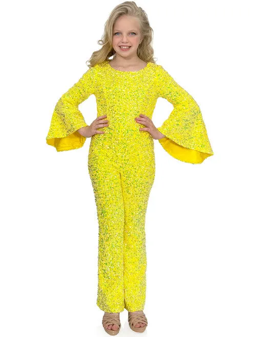 Marc Defang 8225K Size 10 Hot Pink Girls Velvet Sequin Pageant Jumpsuit Long Bell Sleeve Fun Fashion