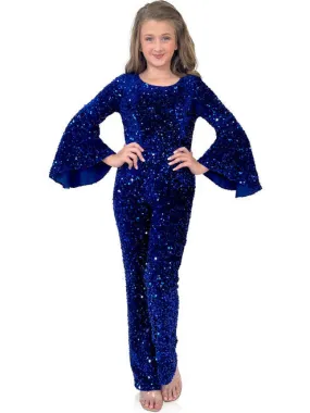 Marc Defang 8225K Size 10 Hot Pink Girls Velvet Sequin Pageant Jumpsuit Long Bell Sleeve Fun Fashion