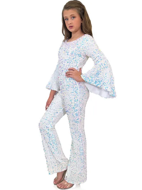 Marc Defang 8225K Size 10 Hot Pink Girls Velvet Sequin Pageant Jumpsuit Long Bell Sleeve Fun Fashion