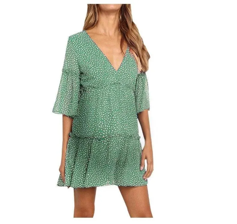 Maternity V-Neck Ruffle Skirt Dress