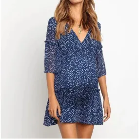 Maternity V-Neck Ruffle Skirt Dress