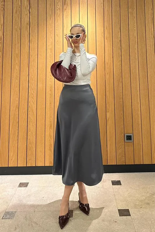 MDX Anthracite Midi Length Women's Satin Skirt MG1409 - Whanganui