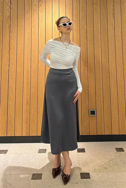 MDX Anthracite Midi Length Women's Satin Skirt MG1409 - Whanganui