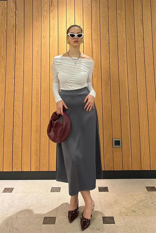 MDX Anthracite Midi Length Women's Satin Skirt MG1409 - Whanganui
