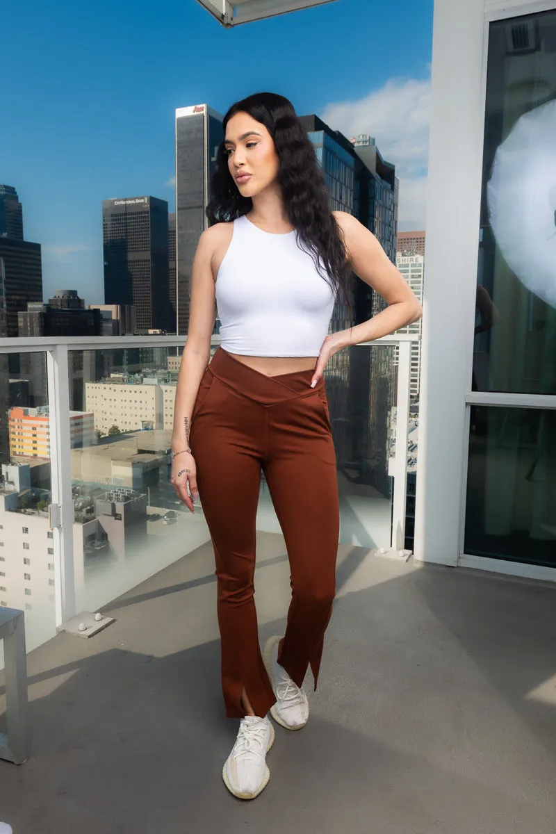 Medium Waist Bell Bottom Legging Pants Slit Front and 2 Front Pockets (NP70317)