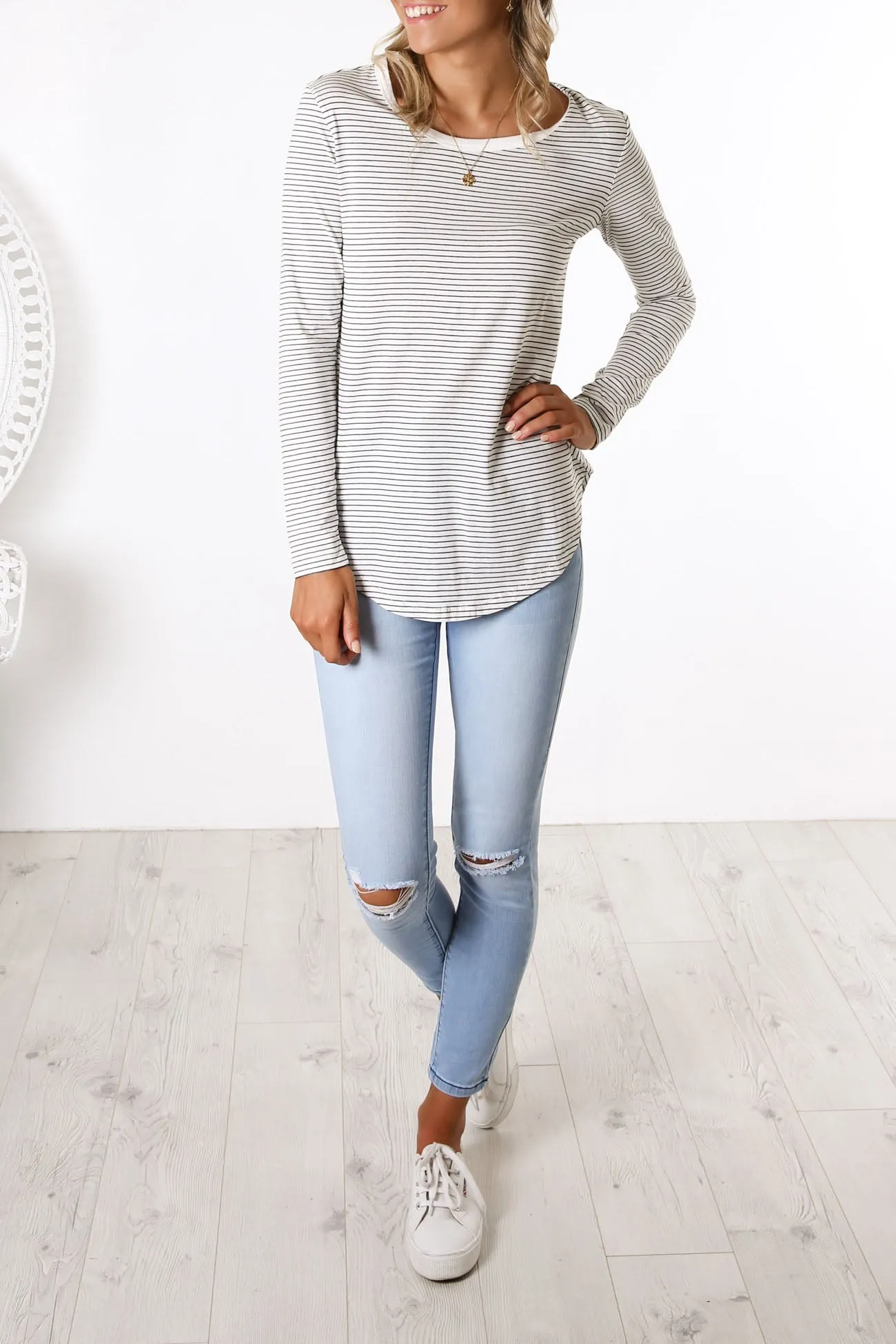 Megan Long Sleeve Top White Black Stripe