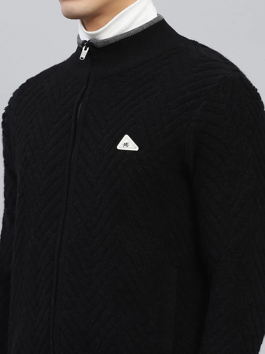 Men Black Self Design Mock Neck Full Sleeve Pullover
