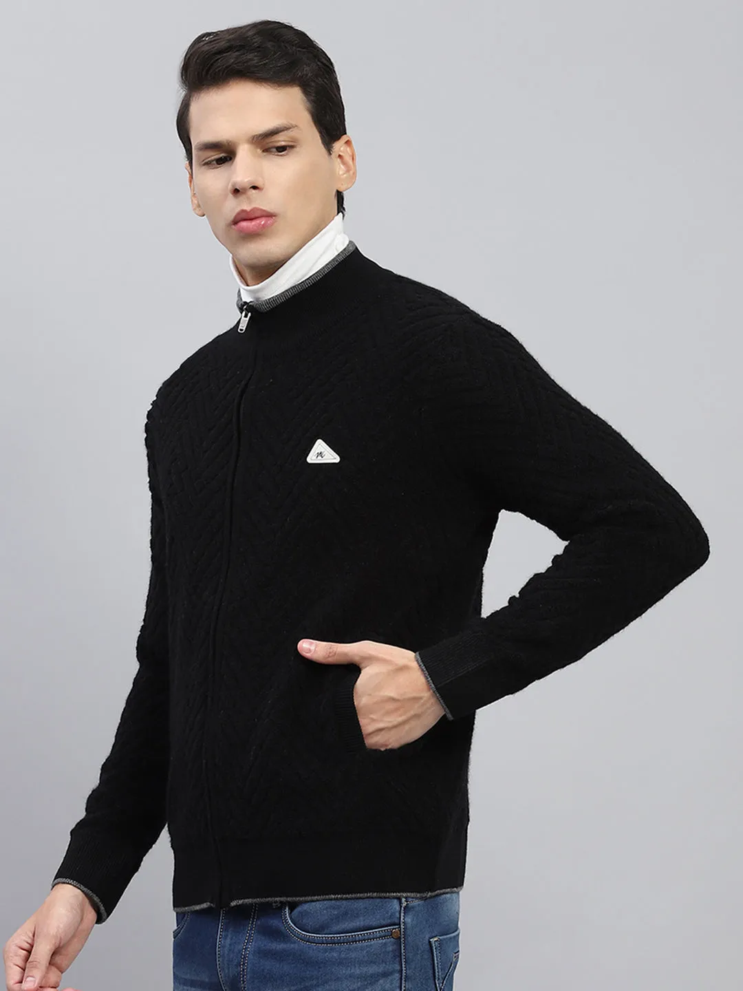 Men Black Self Design Mock Neck Full Sleeve Pullover