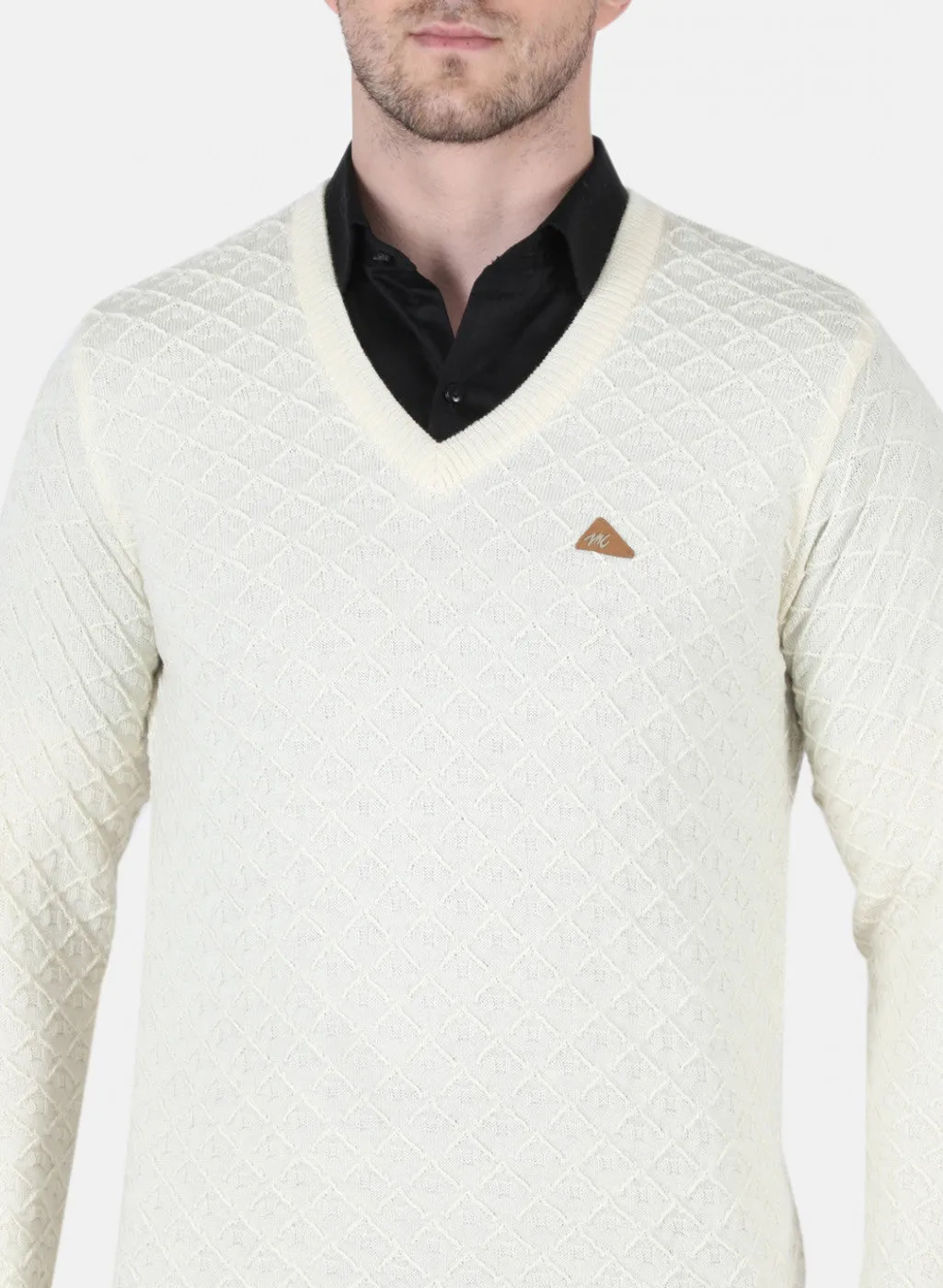 Men Cream Self Design Pullover