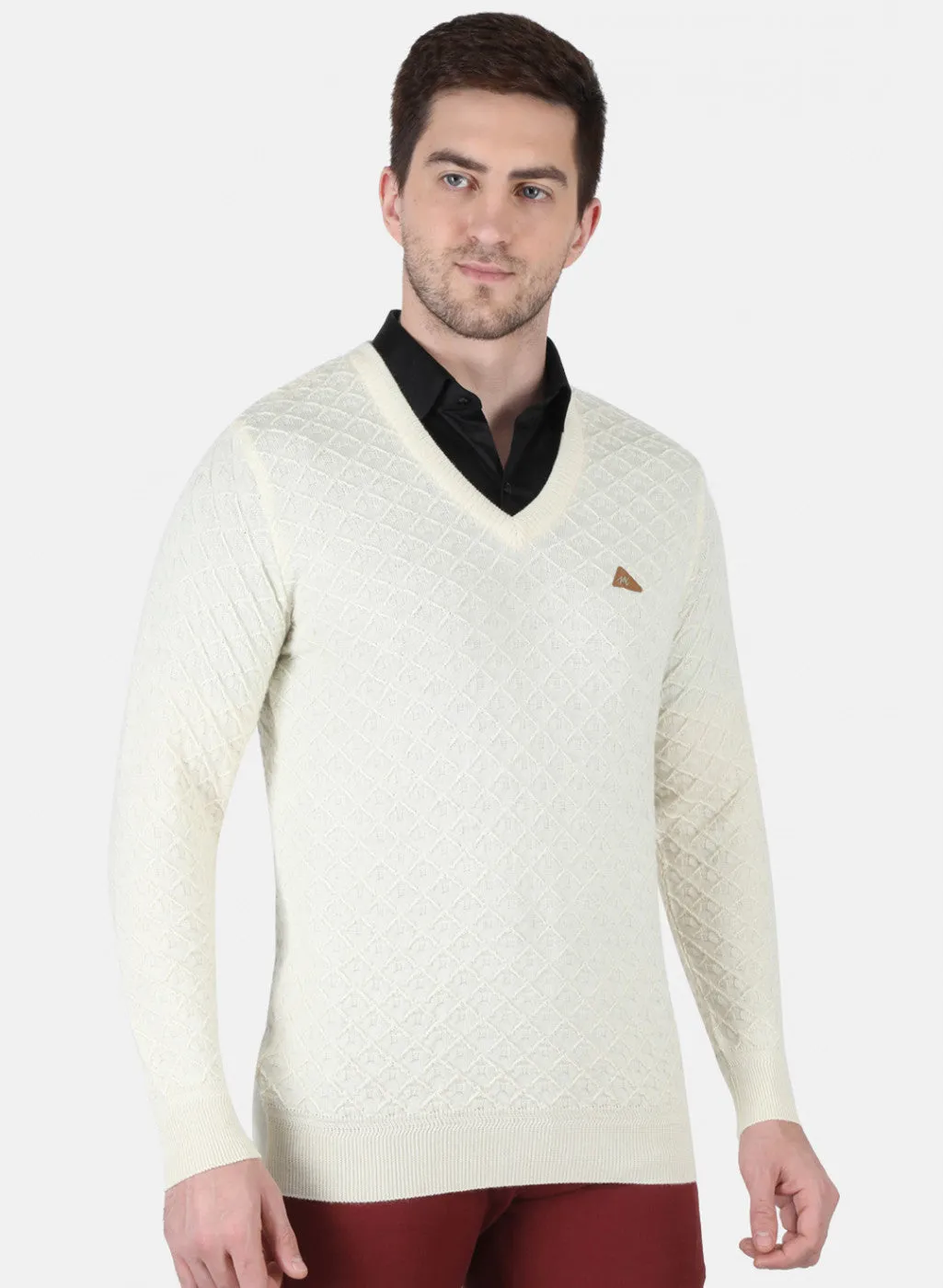 Men Cream Self Design Pullover