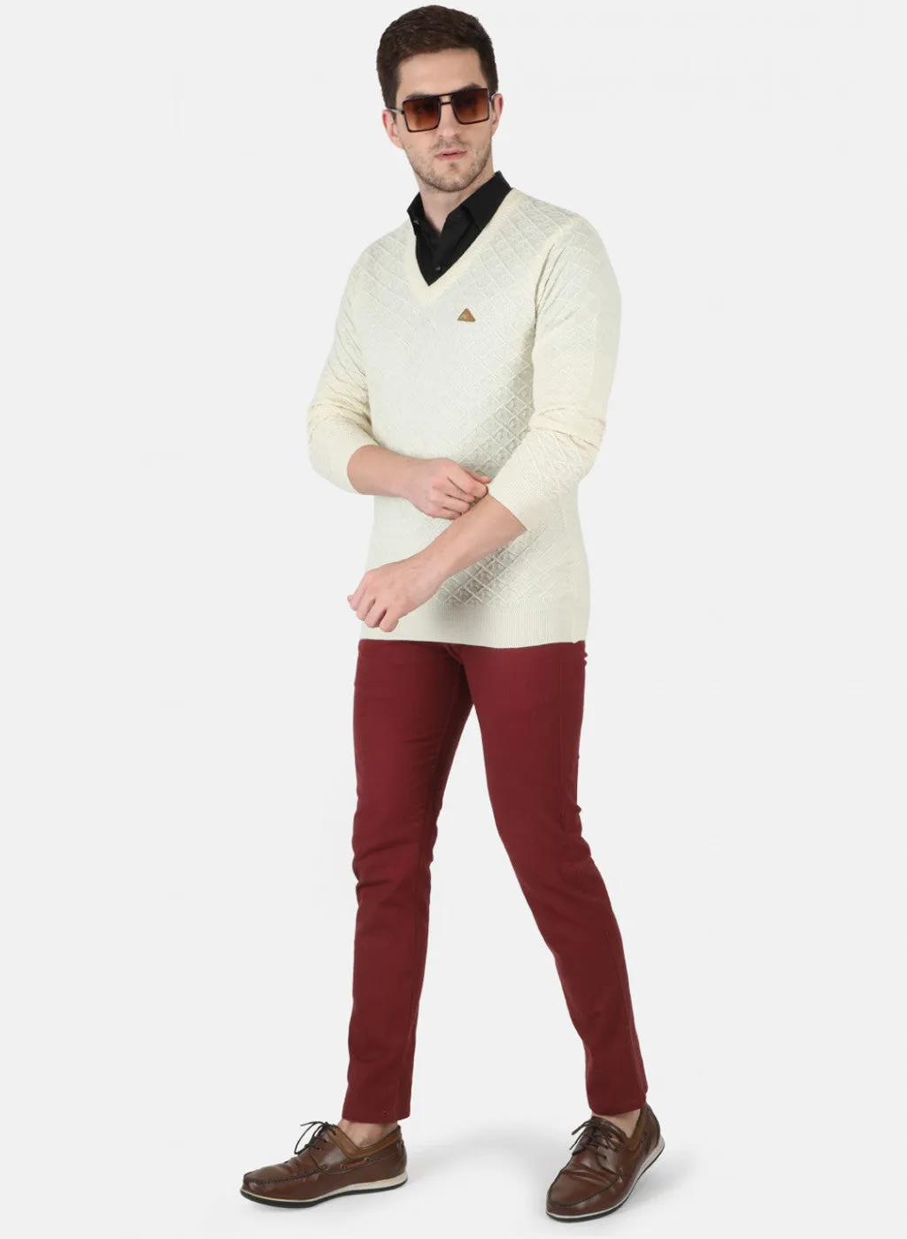 Men Cream Self Design Pullover