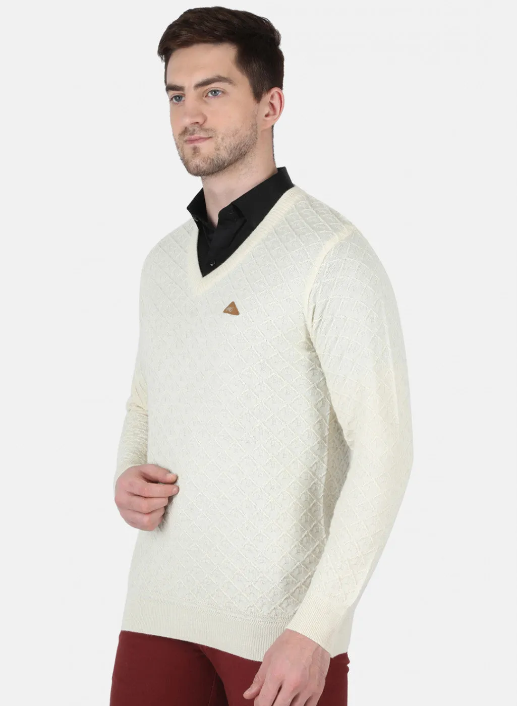 Men Cream Self Design Pullover