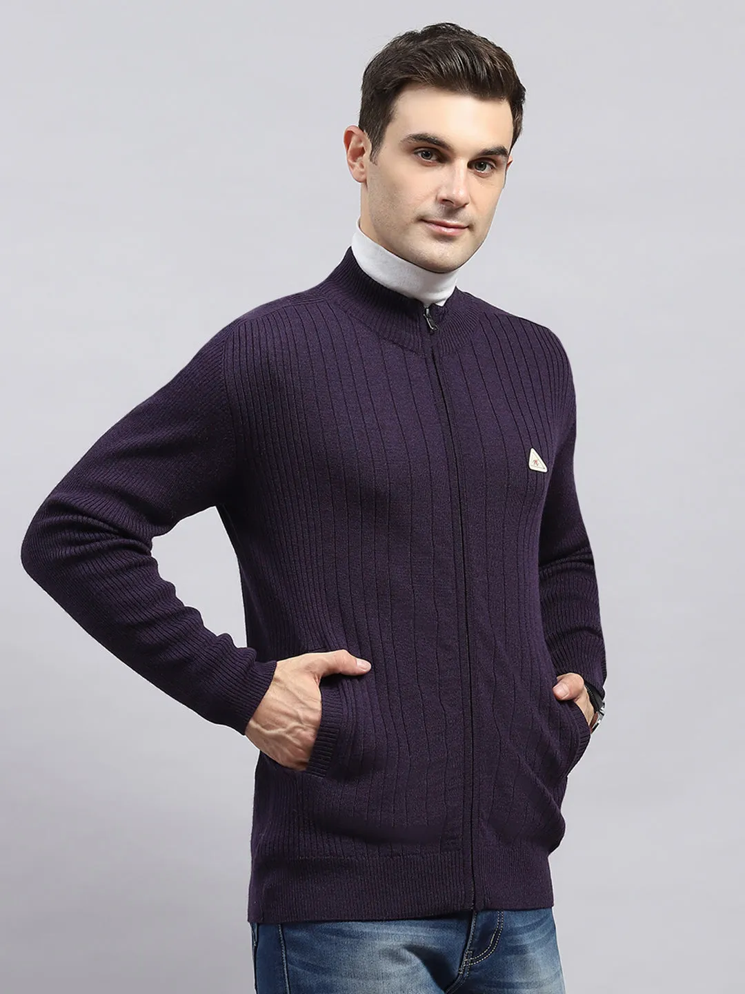 Men Purple Solid Round Neck Full Sleeve Pullover