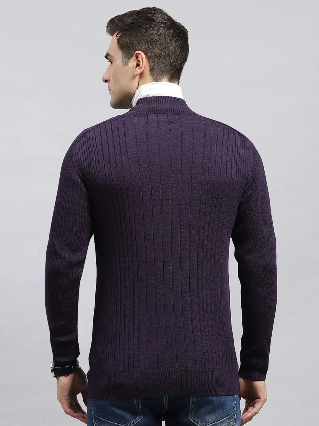 Men Purple Solid Round Neck Full Sleeve Pullover