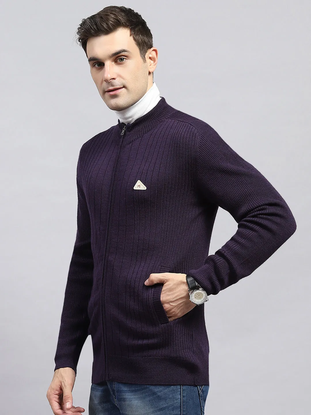 Men Purple Solid Round Neck Full Sleeve Pullover