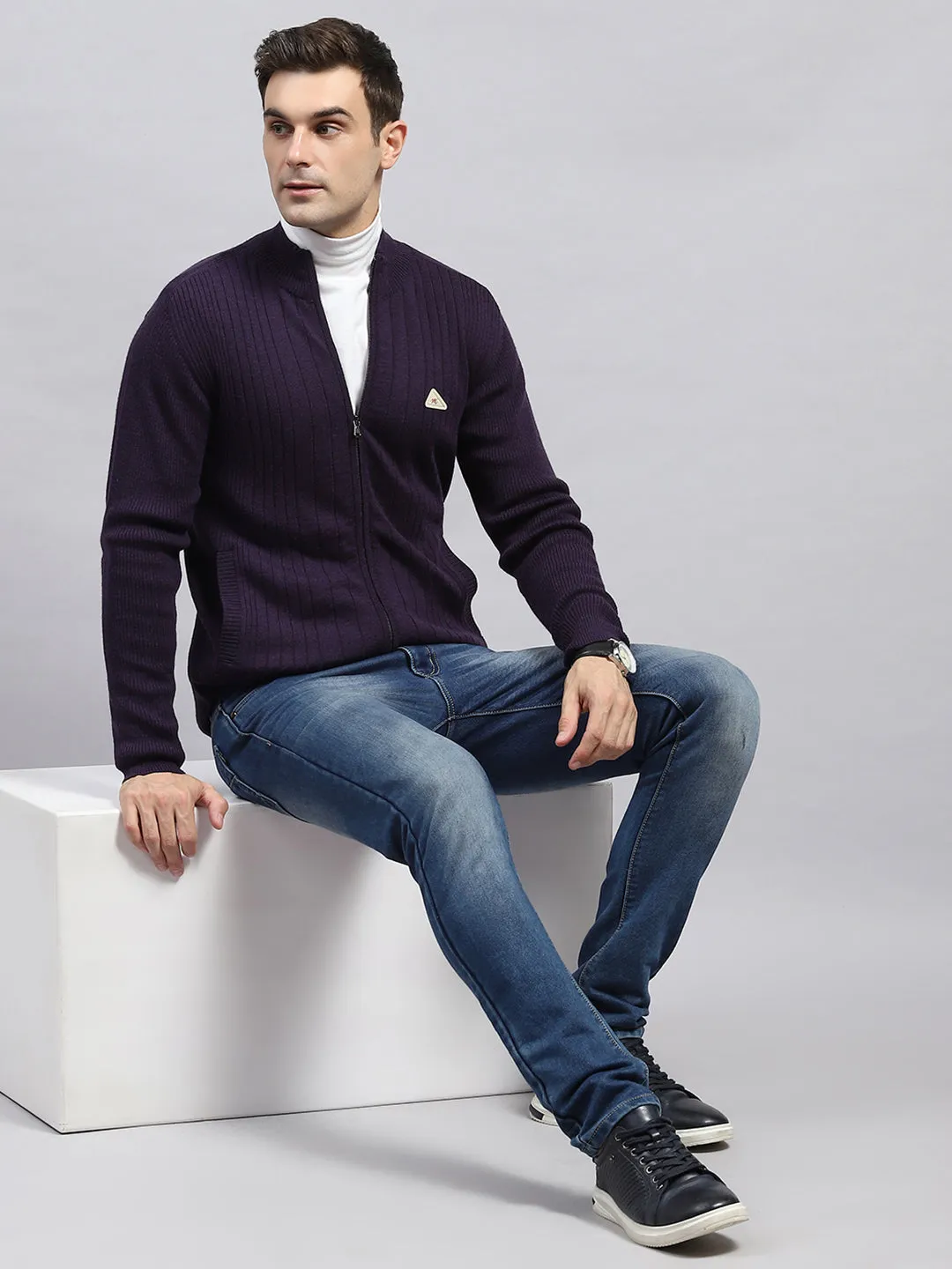 Men Purple Solid Round Neck Full Sleeve Pullover