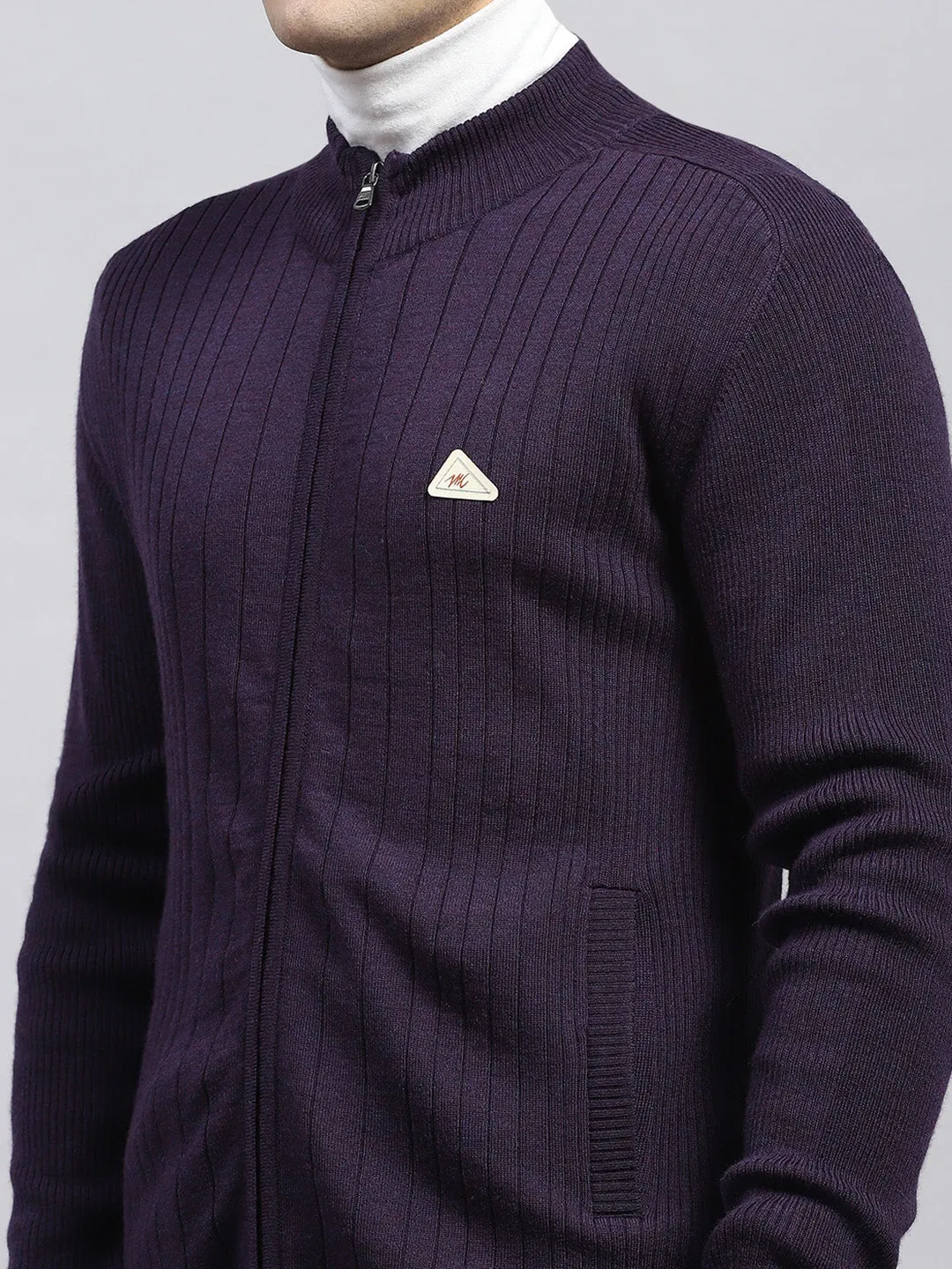Men Purple Solid Round Neck Full Sleeve Pullover