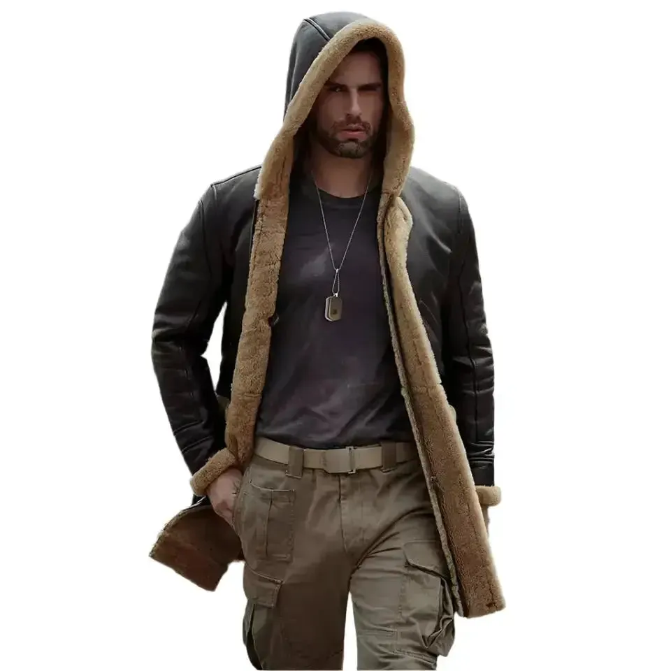 Men's B7 Bomber Sheepskin Leather Coat with Hood – Dark Brown
