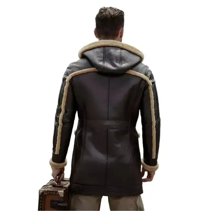 Men's B7 Bomber Sheepskin Leather Coat with Hood – Dark Brown
