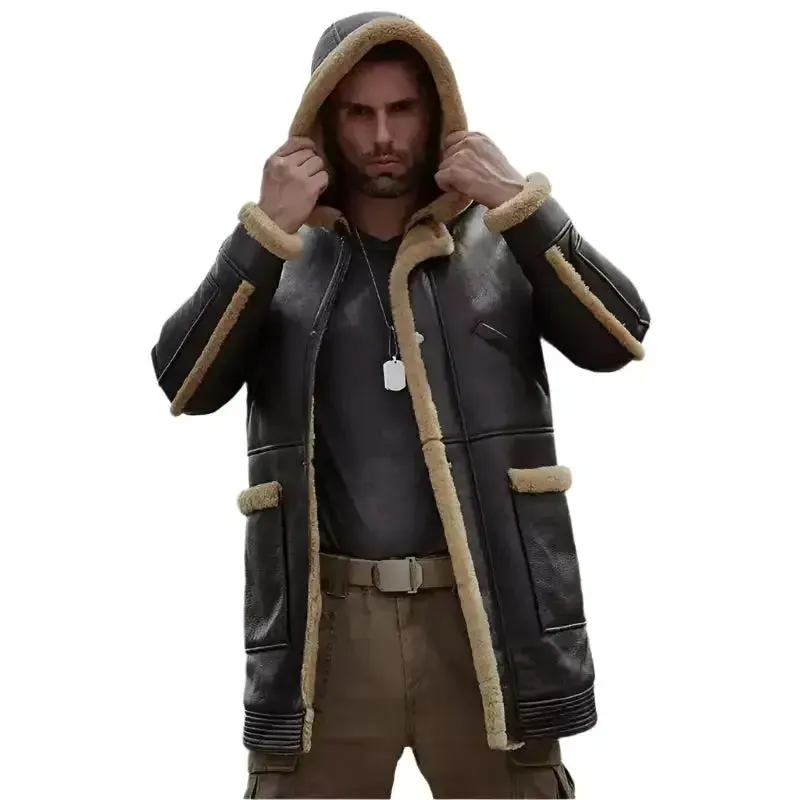 Men's B7 Bomber Sheepskin Leather Coat with Hood – Dark Brown