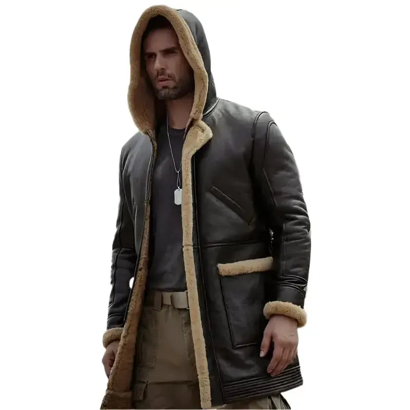Men's B7 Bomber Sheepskin Leather Coat with Hood – Dark Brown