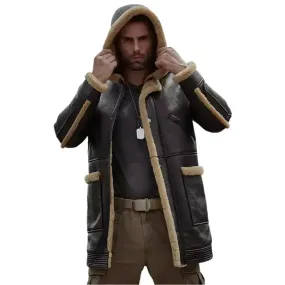 Men's B7 Bomber Sheepskin Leather Coat with Hood – Dark Brown