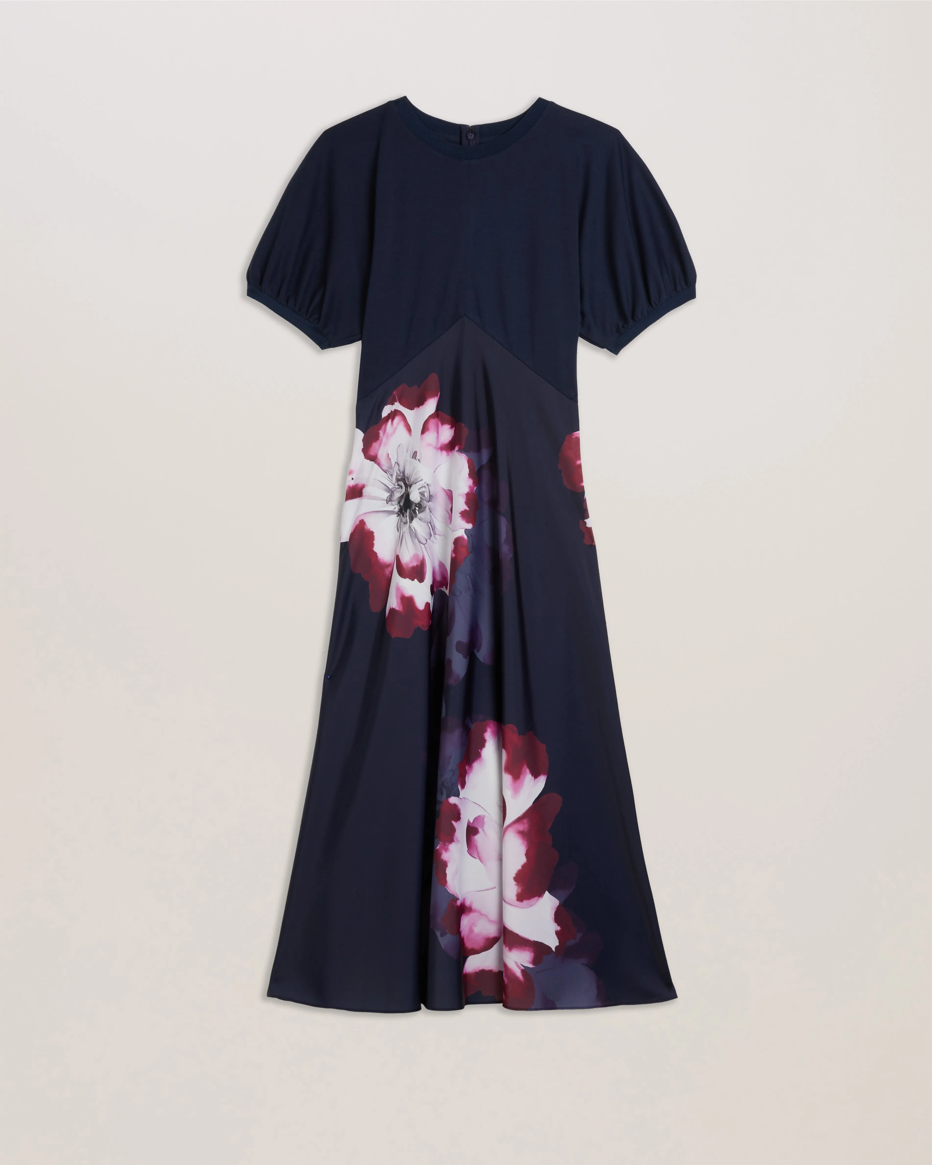 Mitzic Ponte Bodice Printed Satin Skirt Midi Dress Navy