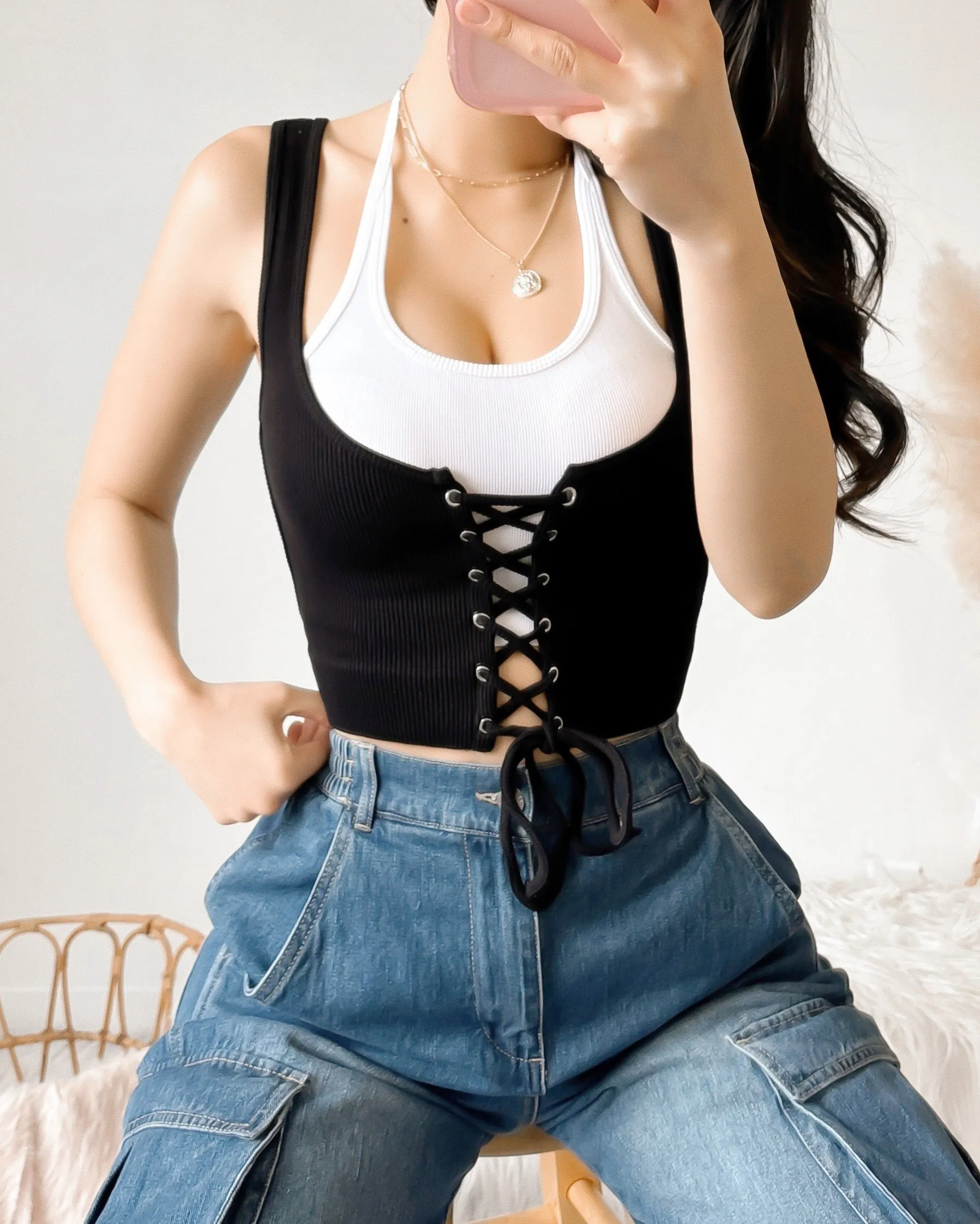 NAOMI DOUBLE LAYER CORSET CROP TOP (CREAM/TAN)