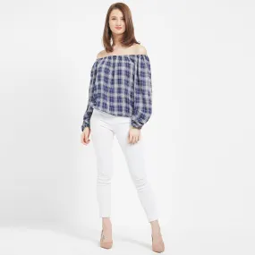 Navy Checkered Off Shoulder Top