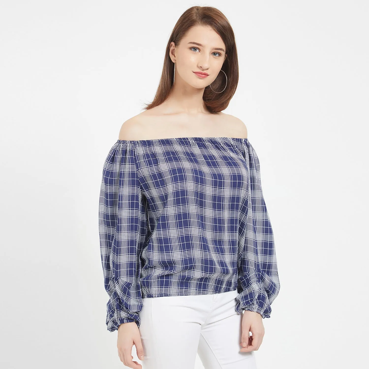 Navy Checkered Off Shoulder Top