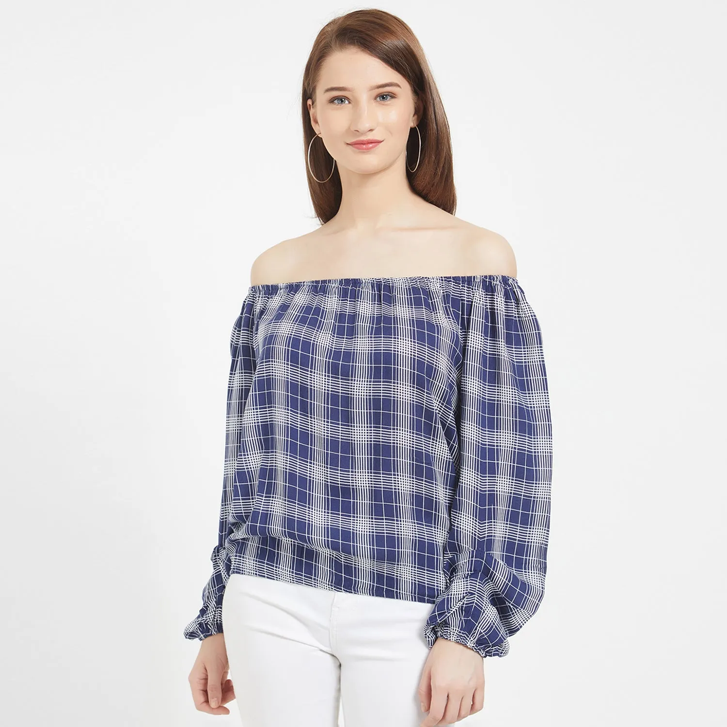Navy Checkered Off Shoulder Top