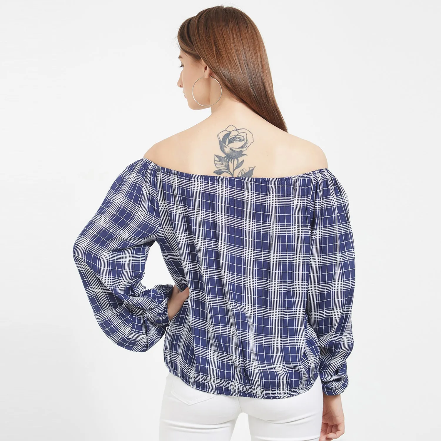 Navy Checkered Off Shoulder Top