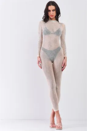 Nude Sexy Rhinestone Mesh Mock Neck Bodycon Jumpsuit