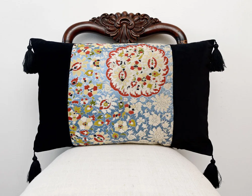 Obi cushion - blue and florals. Antique silk obi brocade.