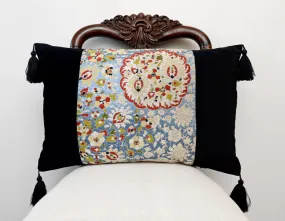 Obi cushion - blue and florals. Antique silk obi brocade.