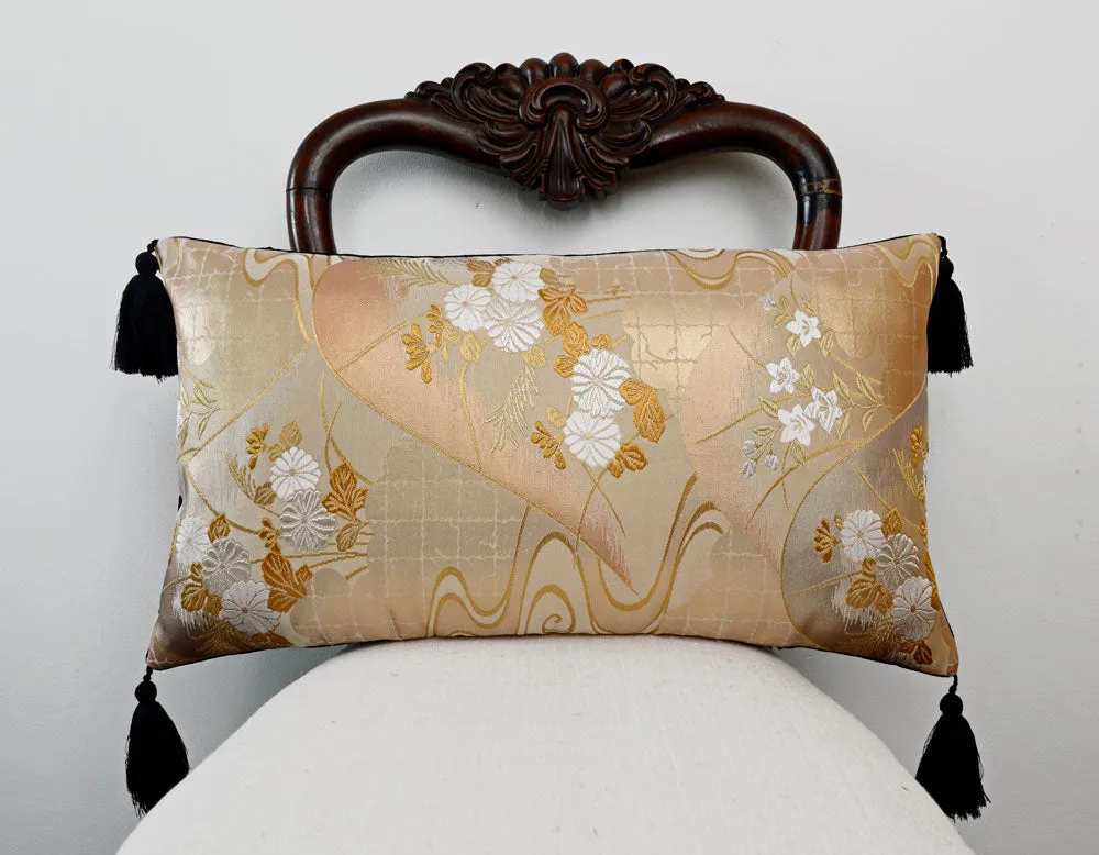 Obi cushion - gold and silver flowers.  Vintage silk obi brocade.