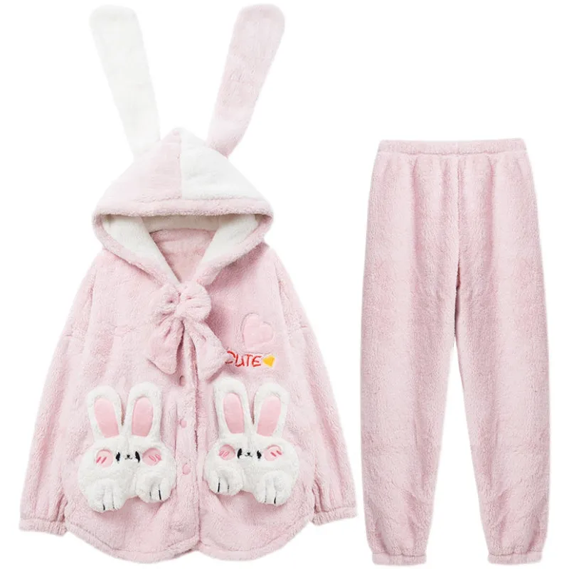 Pink Rabbit Plush Coral Fleece Pajamas Sleepwear Top & Pants