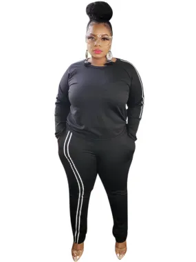 Plus Size Two Piece Stripe Long Sleeve Tops   Pants Sets