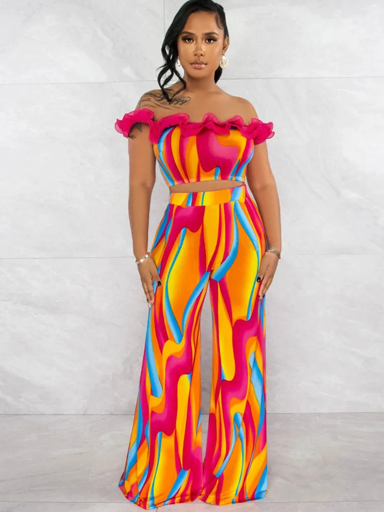 Printed Top and Loose Flared Pants Set