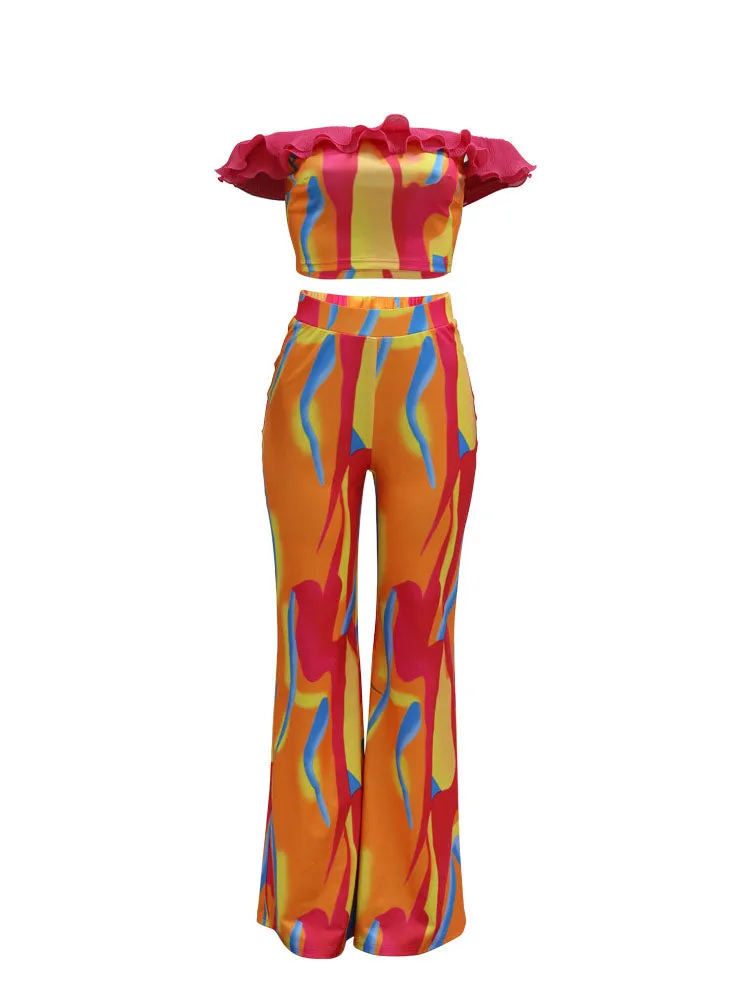 Printed Top and Loose Flared Pants Set