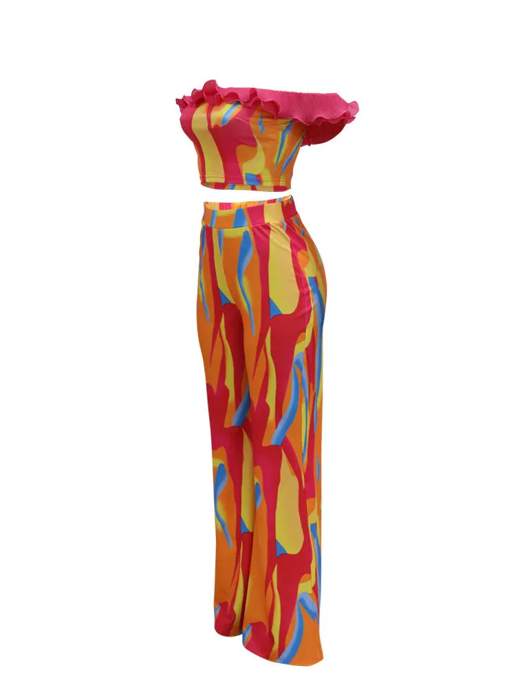 Printed Top and Loose Flared Pants Set