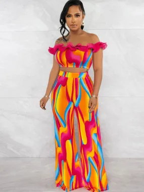 Printed Top and Loose Flared Pants Set