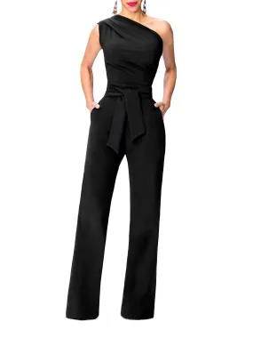 "Nix" One Shoulder Drape Jumpsuit w/Belt