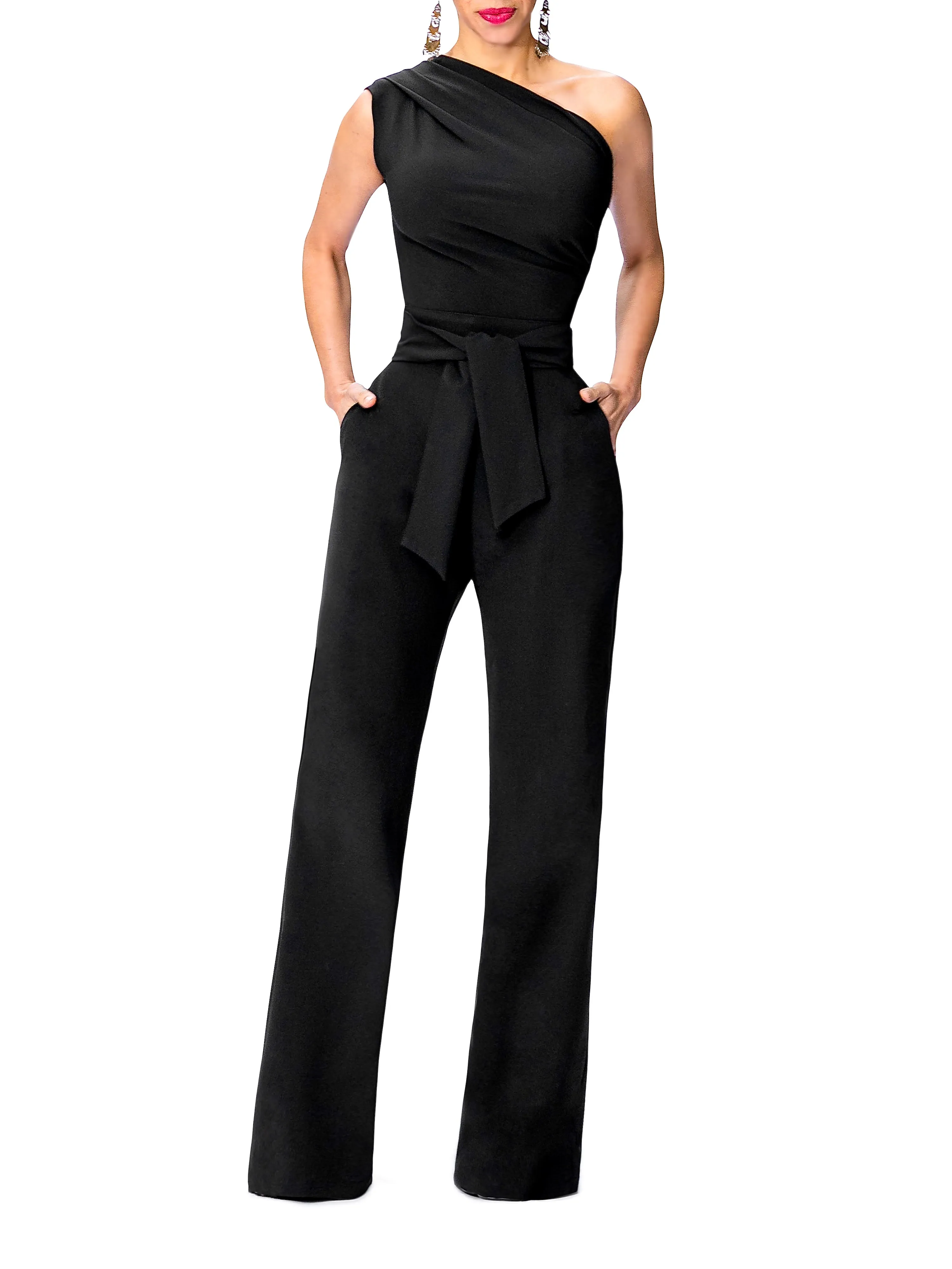 "Nix" One Shoulder Drape Jumpsuit w/Belt