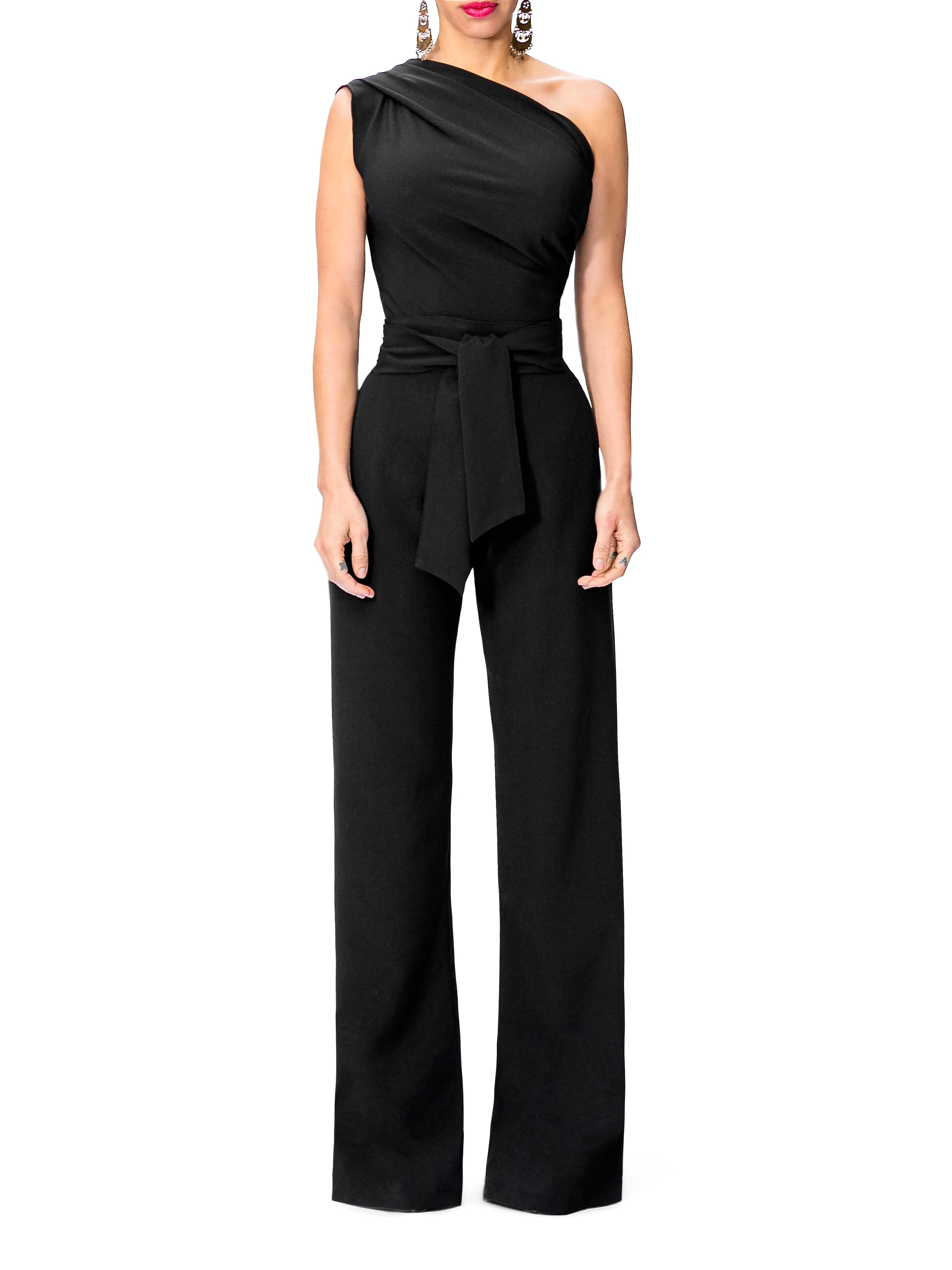 "Nix" One Shoulder Drape Jumpsuit w/Belt
