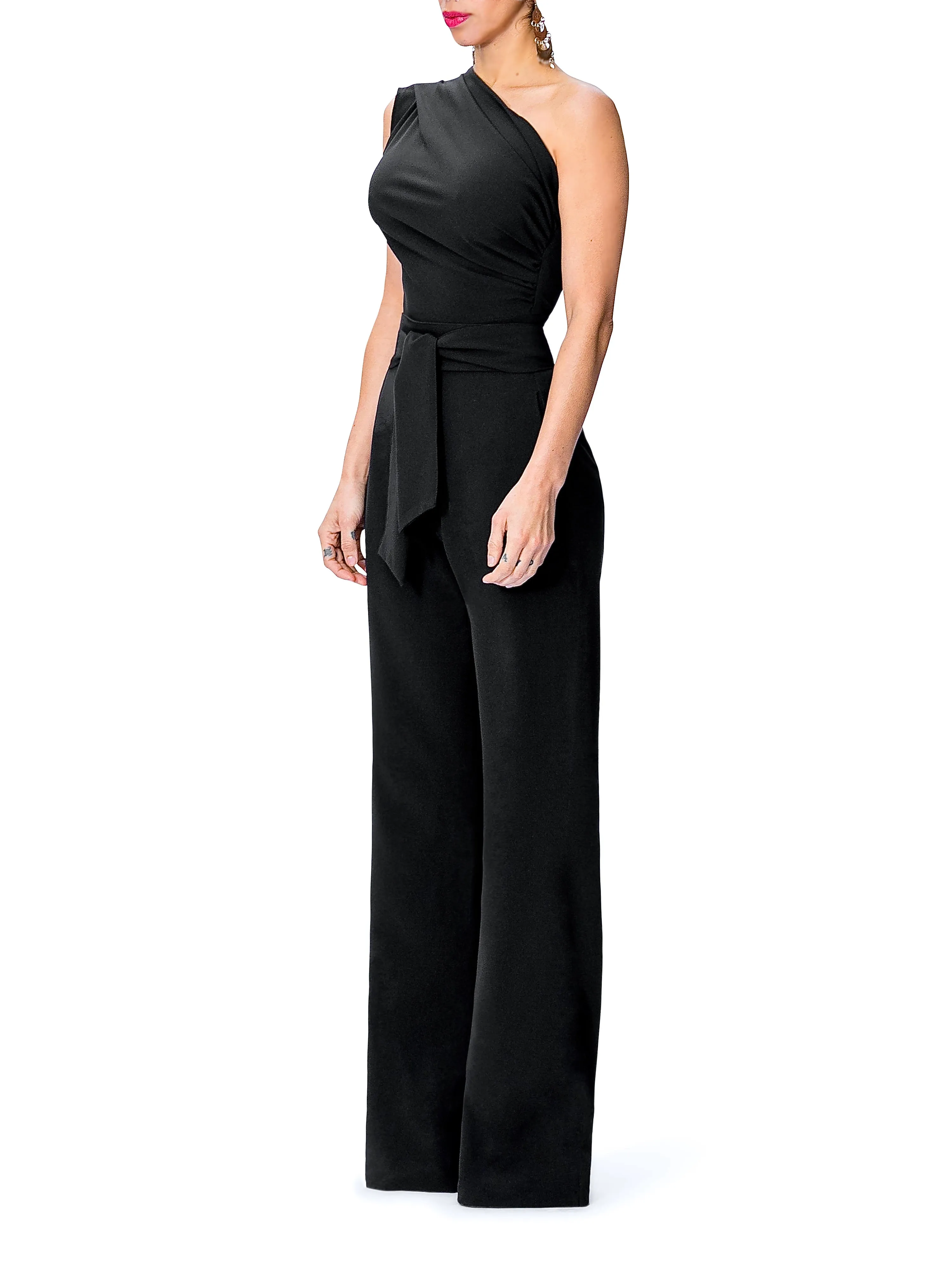 "Nix" One Shoulder Drape Jumpsuit w/Belt