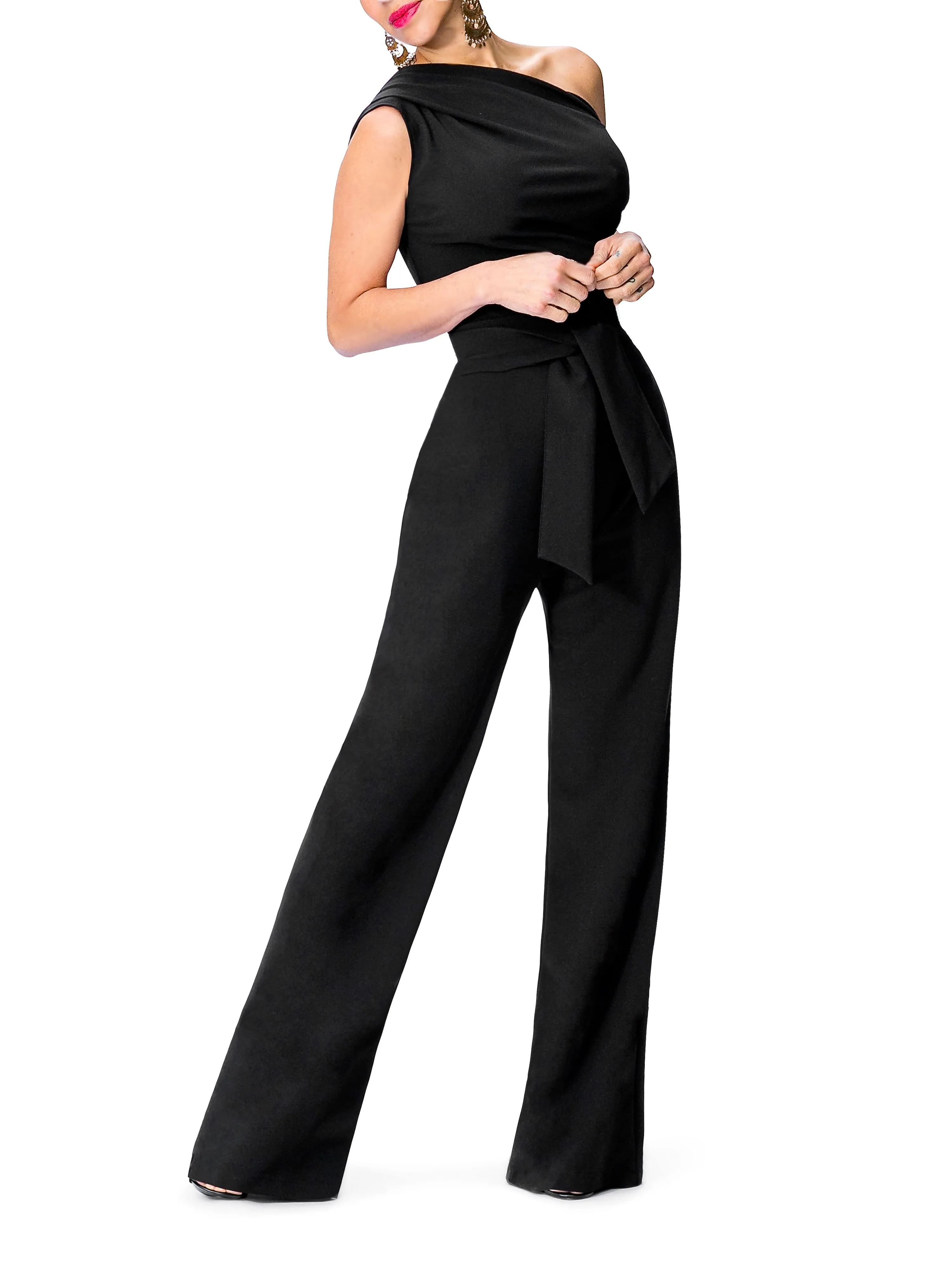 "Nix" One Shoulder Drape Jumpsuit w/Belt