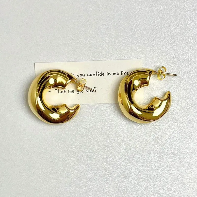Retro Stainless Steel Chunky C Shape Glossy Gold Plated New Earring