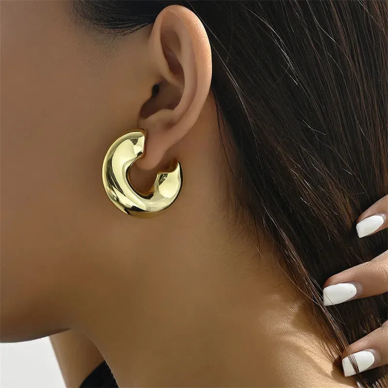 Retro Stainless Steel Chunky C Shape Glossy Gold Plated New Earring