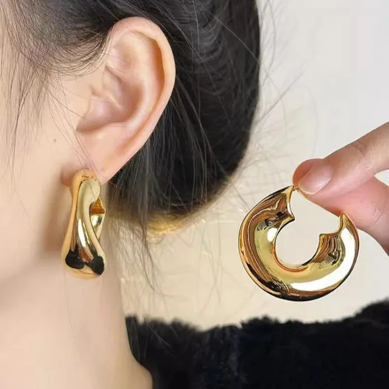 Retro Stainless Steel Chunky C Shape Glossy Gold Plated New Earring